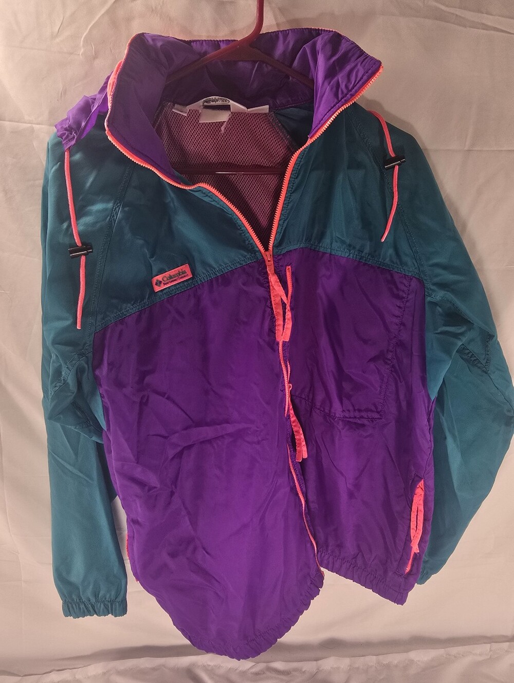 Vintage Columbia Windbreaker Jacket Womens Large Purple Teal Neon 90s Hooded